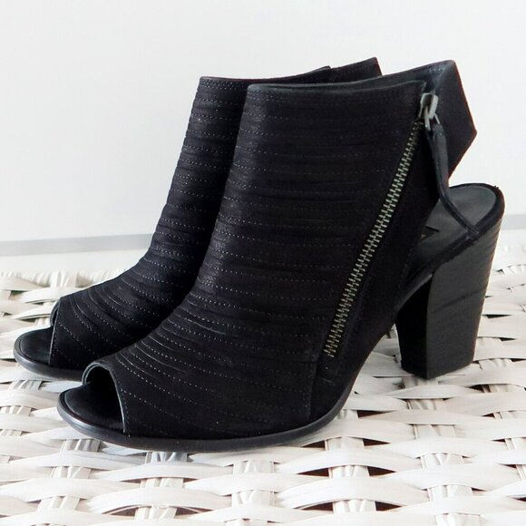 Paul Green Cayanne Black Nubuck Leather Peep Toe Block Heel Bootie Shoes 7.5